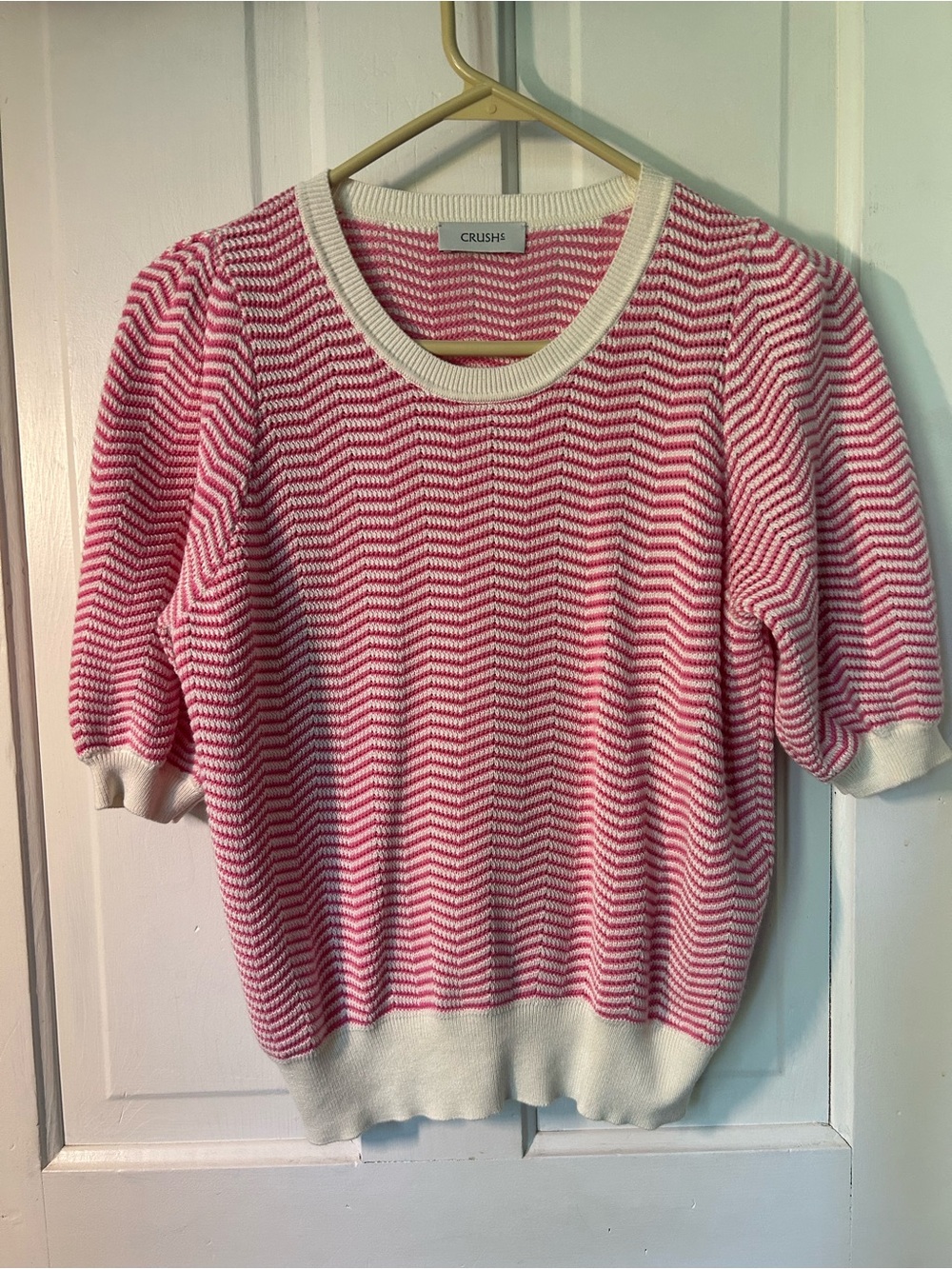 CRUSHs Pink and White Cotton and Cashmere Chevron Crewneck Sweater